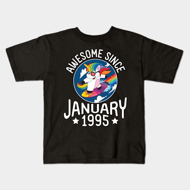 Unicorn Surfing Awesome Since January 1995 Happy Birthday 26 Years Old To Me Dad Mom Son Daughter Kids T-Shirt by DainaMotteut